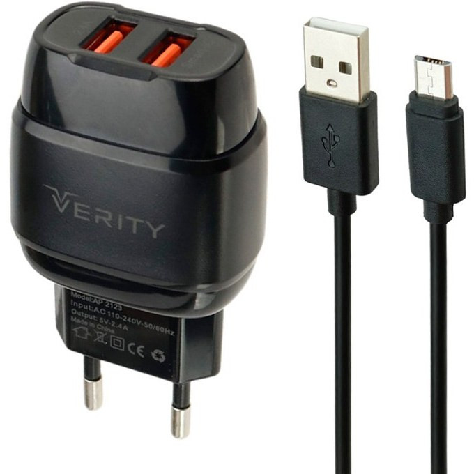 شارژر دیواری فست شارژ Verity AP2123 2Port 2.4A + کابل میکرو یو اس بی