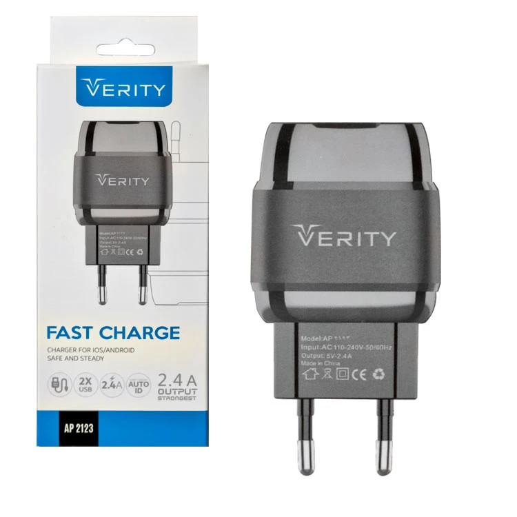 شارژر دیواری فست شارژ Verity AP2123 2Port 2.4A + کابل میکرو یو اس بی