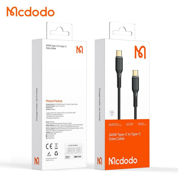 کابل شارژ سریع تایپ سی به تایپ سی 240 واتی مک دودو مدل MCDODO CA-3310 طول 1.2متر