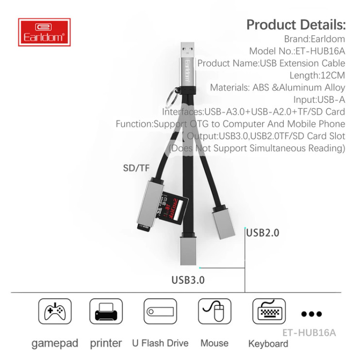 هاب 4 پورت USB و کارت خوان ارلدام مدل HUB16A