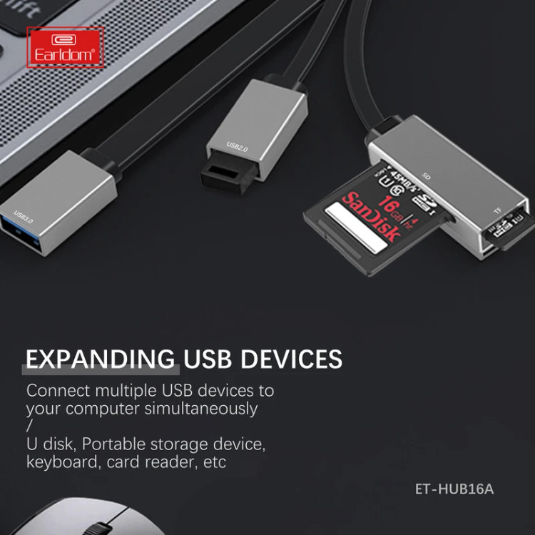 هاب 4 پورت USB و کارت خوان ارلدام مدل HUB16A