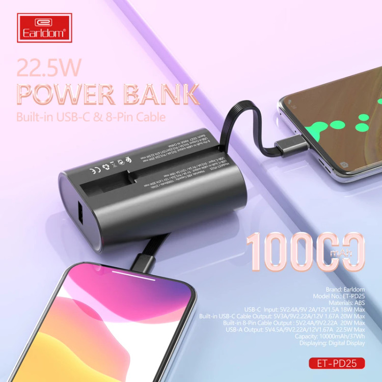 پاوربانک ارلدام مدل PD25 22.5W ظرفیت 10000 میلی آمپر ساعت