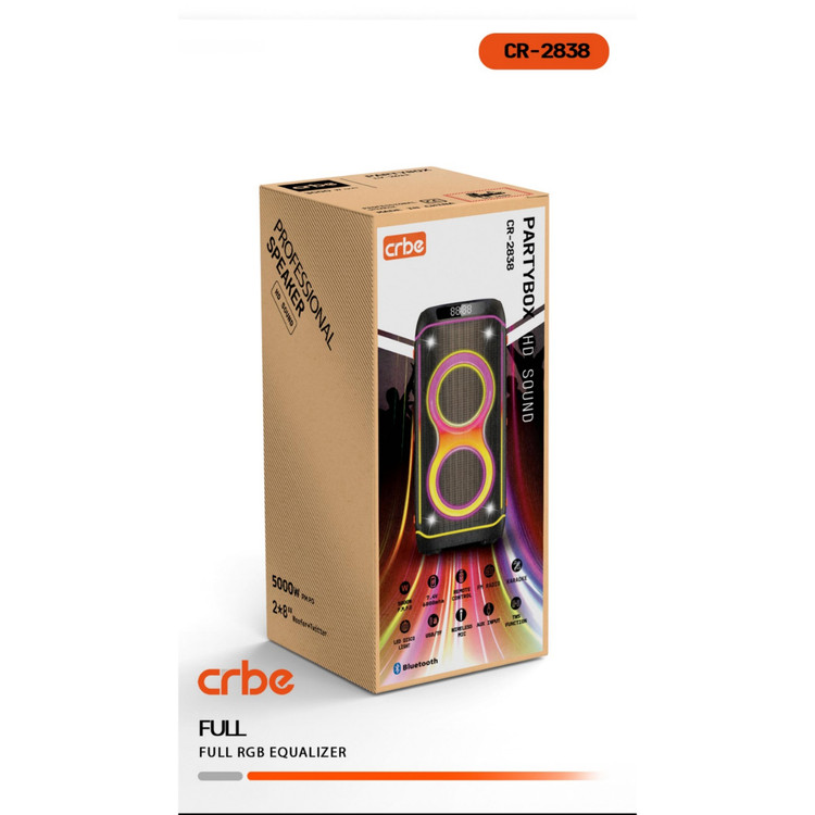 اسپیکر پارتی باکس کربی CR-2838 | اسپیکر 50 وات با میکروفون وایرلس و دیسکو لایت