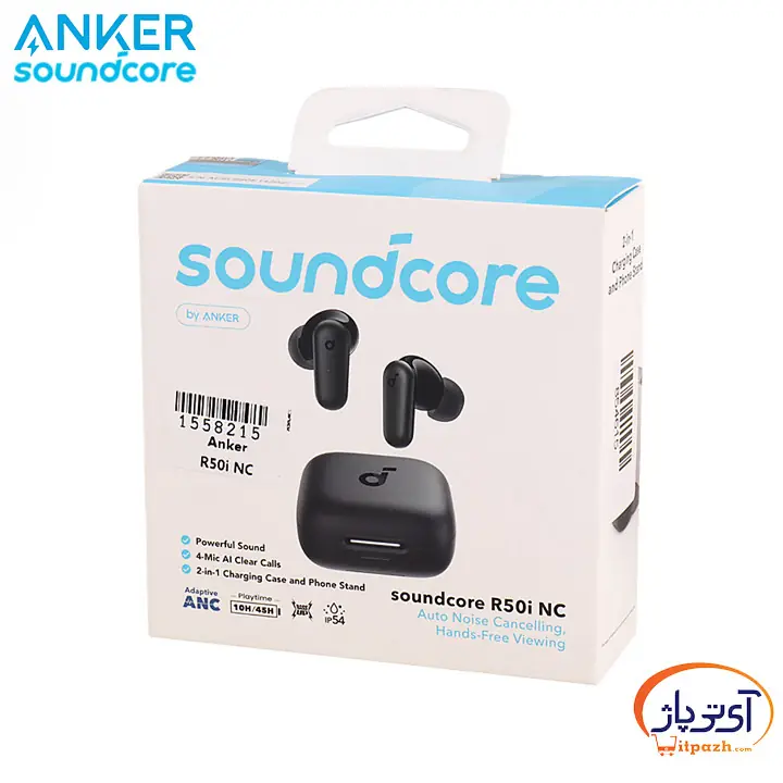 هدفون بلوتوثی انکر مدل SoundCore R50i بدون قابلیت نویز کنسلینگ، درگاه شارژ USB Type-C، دارای فناوری AI-Enhanced Calls برای کاهش نویز و بهبود مکالمات، مقاوم در برابر رطوبت و عرق